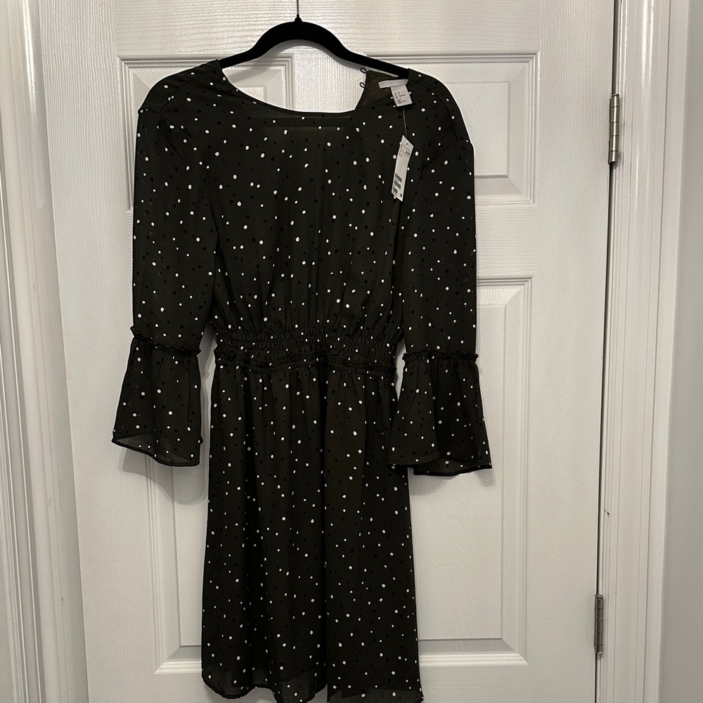 Dark Olive Green Polka Dot Dress with Bell Sleeves